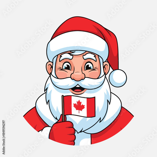 A happy cartoon Santa Claus with a red hat and white beard carries a cute Christmas gift and a sack of presents in this merry winter celebration vector illustration