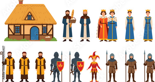 Large medieval vector character set featuring a thatched cottage, king, queen, knights, soldiers, jester, and peasants for historical and fantasy game design.