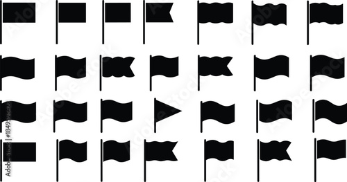Black flag icons grid, 30 vector flags, assorted pennants and banners, pole-mounted silhouettes, UI icon set, minimalist flag shapes, editable EPS