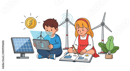 Children learning about renewable energy sources like solar and wind power.