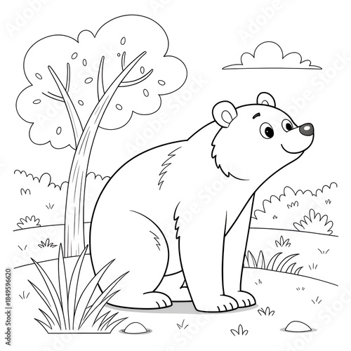Cute grizzly bear sitting in a grassy field with a tree, coloring book page for kids.