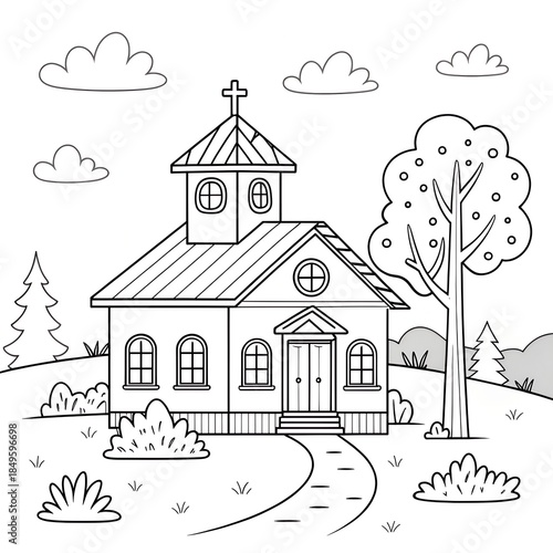 Cute cartoon church building with a cross, landscape coloring book page for kids.