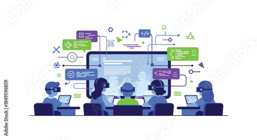 Students learning coding and programming in a virtual reality classroom.