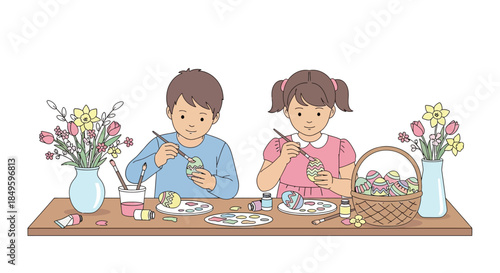Children painting Easter eggs together at a table.