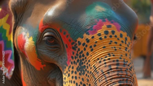 Macro of vibrant paint on decorated festival elephant, colorful patterns, cracked paint textures, soft sunlight highlighting shapes, cultural richness.