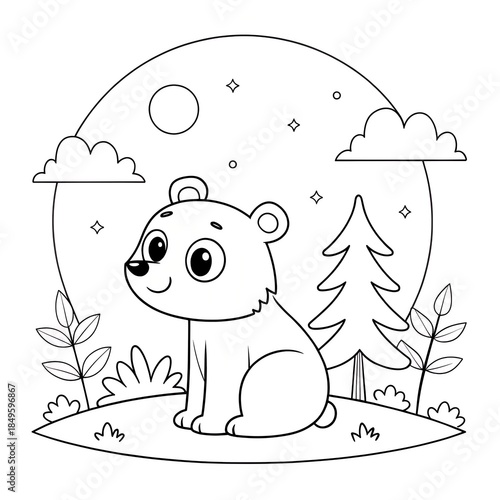 Cute baby bear cub sitting in the forest at night with moon and stars, coloring page for kids.