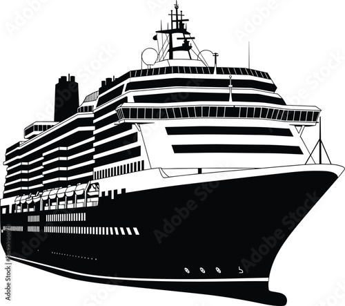 Cruise ship front view, maritime travel, ocean liner, luxury voyage, nautical transport, ship decks, sea journey, flat vector illustration