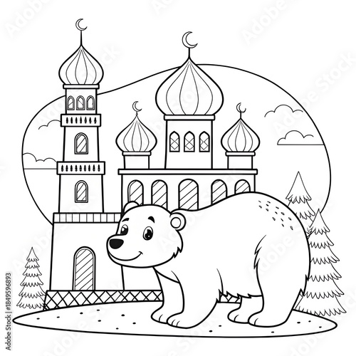 Cute bear standing in front of a beautiful mosque, Islamic coloring book page for kids.