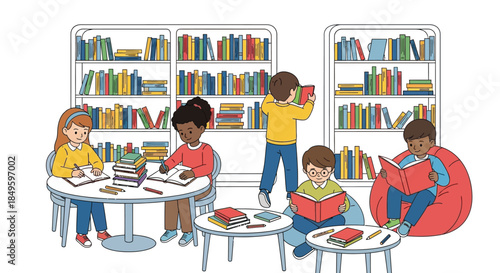 Children reading books in a library setting.