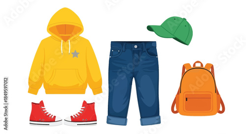 Childrens Casual Outfit With Backpack and Sneakers.