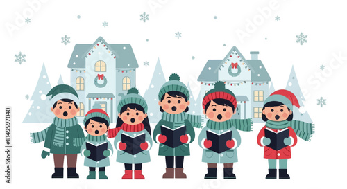 Children Singing Christmas Carols In Winter Snow.