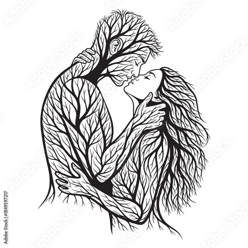 Vintage vector illustration featuring a hand drawn sketch of a man and woman with an ancient animal head in black ink art style