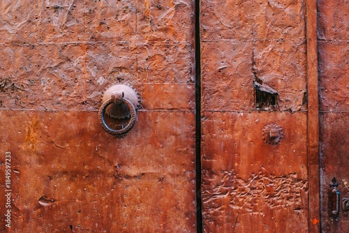 Fotografie Close Up of Rusty Metal Door with Antique Iron Ring Knocker