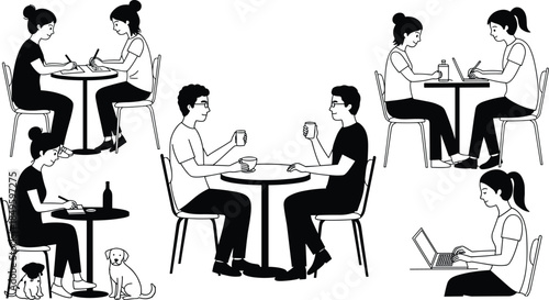 Cafe scenes showing collaboration, conversation, remote work, solo productivity, pet-friendly dining, creative sketching, coffee breaks, laptop teamwork, casual socializing, urban lifestyle