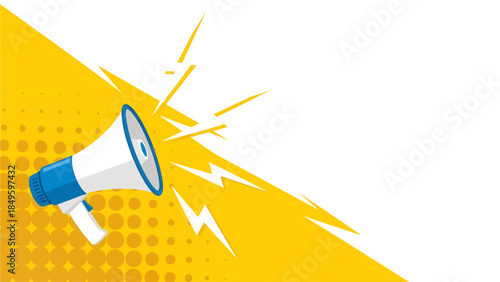A vibrant blue megaphone blasts sharp white lightning bolts across a split yellow background featuring retro comic halftone dots, creating a dynamic graphic perfect for loud public announcements