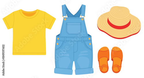Childrens Summer Outfit With Overalls And Hat.