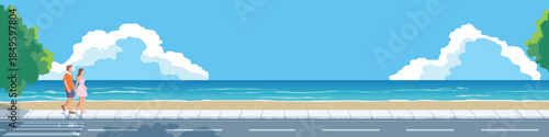 Flat vector illustration of couples holding hands walking together on the beach. Landscape of asphalt road with footpath. Clean sandy beaches and pristine blue sea under a clear blue sky. For banner.