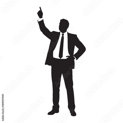 Confident businessman pointing upwards in a suit and tie