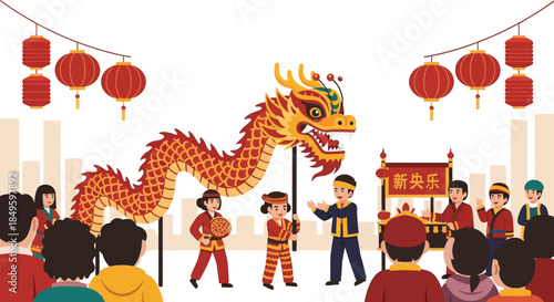 Chinese Dragon Dance Performance with Performers and Audience.