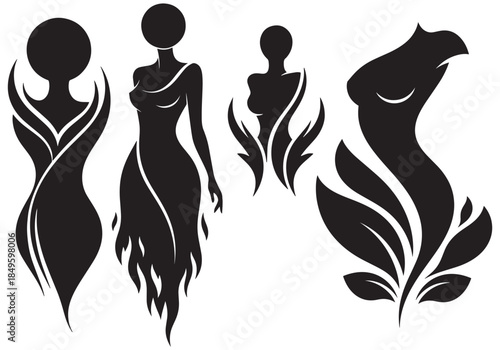 Vector line drawing illustration of a slim fashion model lady in a black dress silhouette with an artistic body outline and elegant hair design