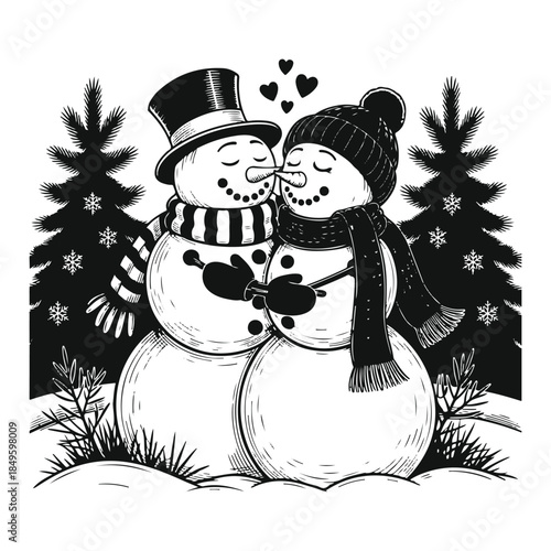 Loving snowman couple embracing in winter wonderland scene