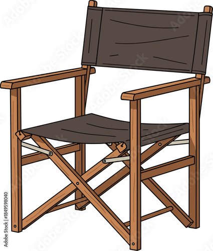 Director chair, film set furniture, movie production seat, foldable canvas chair, theater prop, filmmaking icon, cinema equipment, flat vector illustration