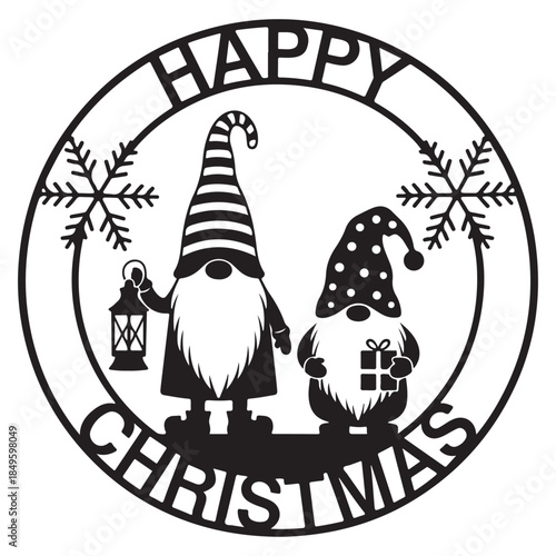 Happy Christmas gnomes with lantern and gift in festive circle