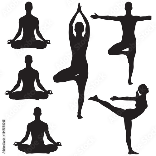 People practicing yoga in various poses for wellness and mindfulness