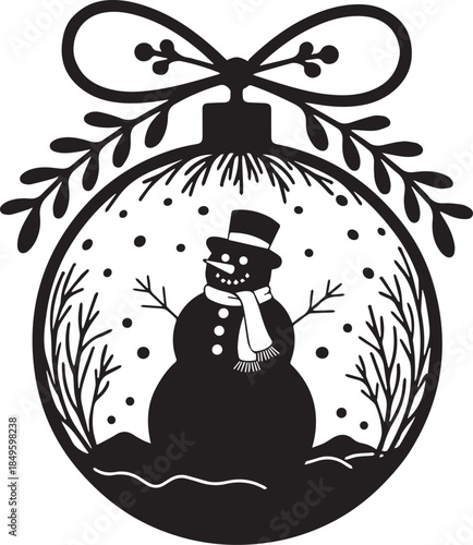 Snowman in Christmas ornament with bow and winter scene