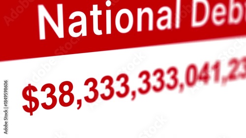 National debt counter increasing from thirty six trillion to forty three trillion dollars on red white background representing government spending fiscal pressure economic risk public finance growth
