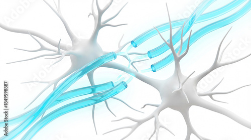 3D Render of White Neurons Connecting with Glowing Cyan Fiber Optics for Brain Computer Interface Concept
