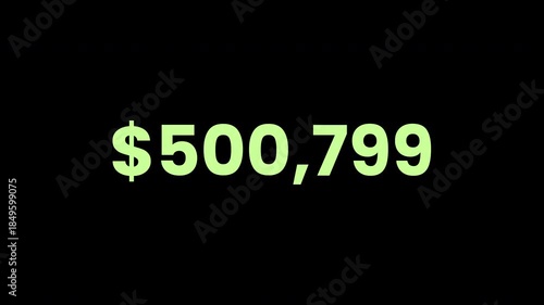 Digital dollar counter animation ranging from zero to one million starting with white numbers and gradually ending in green color symbolizing financial growth profit success income increase positive