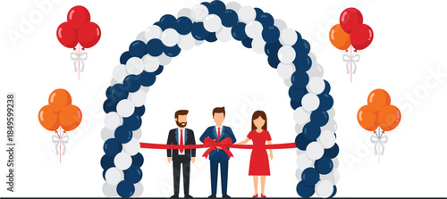 Grand opening ceremony vector illustration with business people cutting red ribbon under balloon arch for new shop launch, celebration, and corporate event.