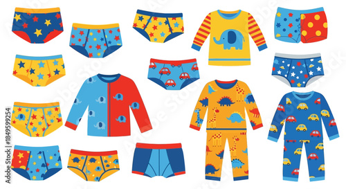 Collection of Childrens Pajamas and Underwear with Fun Prints.