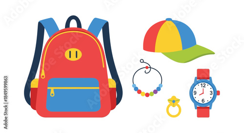 Collection of colorful childrens accessories and backpack.