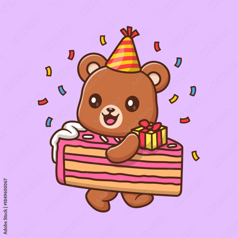 Fototapeta premium Cute Bear With Birthday Cake Cartoon