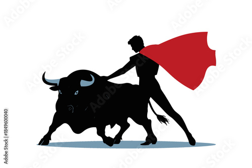 Bullfighting Illustration with Matador and Bull in Red Cape