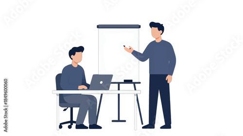 Businessman Presenting at Flip Chart with Laptop User in Flat Design Style