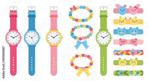 Collection of Colorful Childrens Watches and Bracelets.