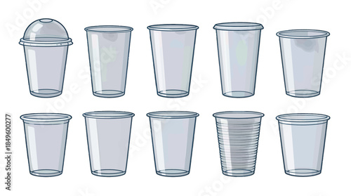Collection of Clear Plastic Cups in Various Sizes and Shapes