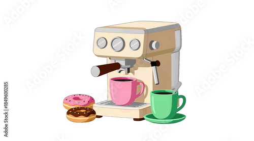 Coffee Machine Illustration with Donuts and Cups