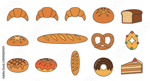 Assortment of freshly baked bread and pastries on a white background.