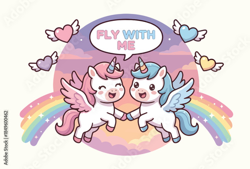 A cute kawaii unicorn with a pink mane sitting in a magical forest garden filled with flowers and mushrooms