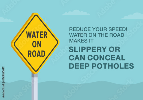 Safe driving tips and traffic regulation rules. Close-up of United States "water on road" sign meaning. Water makes the road slippery or can conceal potholes. Flat vector illustration template.