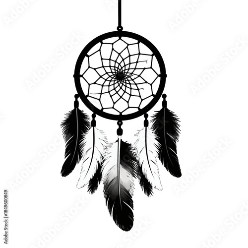 Dreamcatcher Illustration with Feathers in Monochrome Style