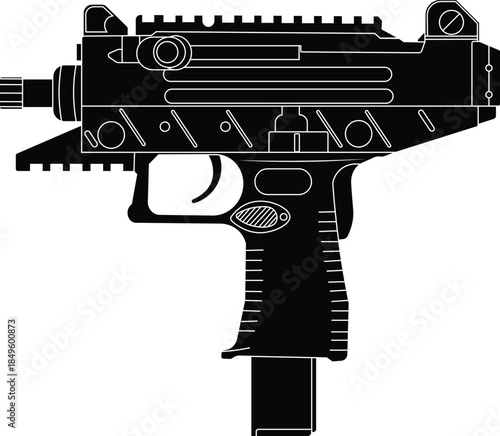 Silhouette of an uzi semi-auto 9mm pistol side view vector illustration. Uzi vector illustration 