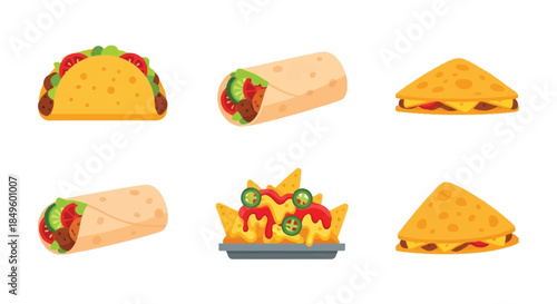 Delicious Mexican Food Collection - Tacos, Burritos, Nachos, and Quesadillas.