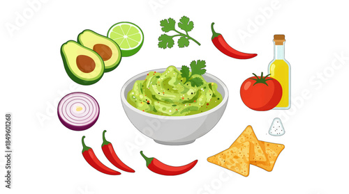 Guacamole Ingredients with Bowl and Chips Vector Illustration