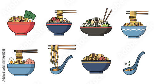 Delicious Asian Noodle Dishes in Colorful Bowls with Chopsticks and Spoons.
