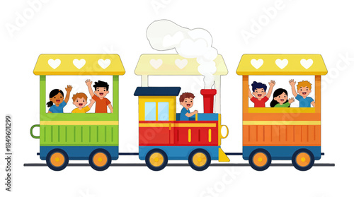 Happy Children Riding Colorful Cartoon Train Illustration